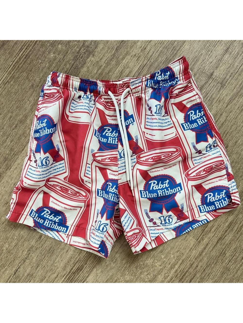 Pabst Blue Ribbon Print Swim Trunks with Mesh Lining
